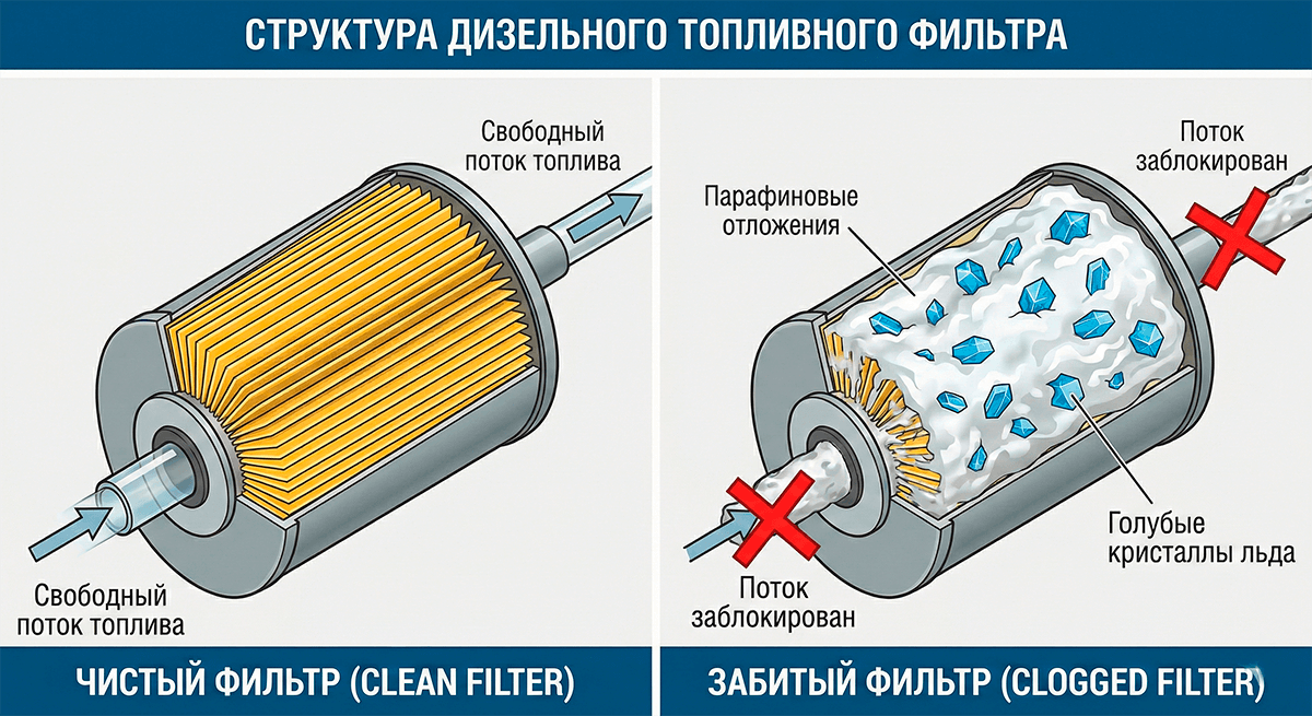 Сравнение чистого топливного фильтра и забитого парафином при морозе.