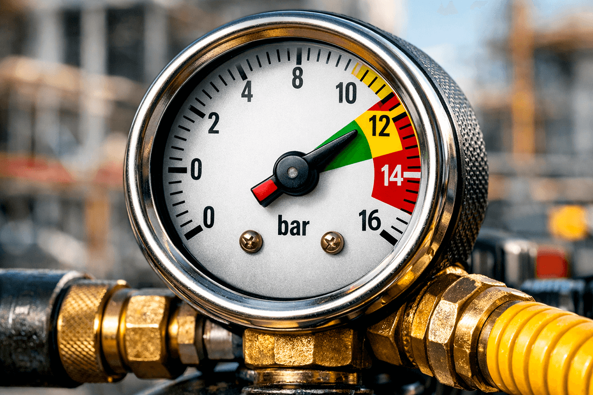 Манометр компрессора, показывающий рабочее давление 12 бар для пневмоинструмента.